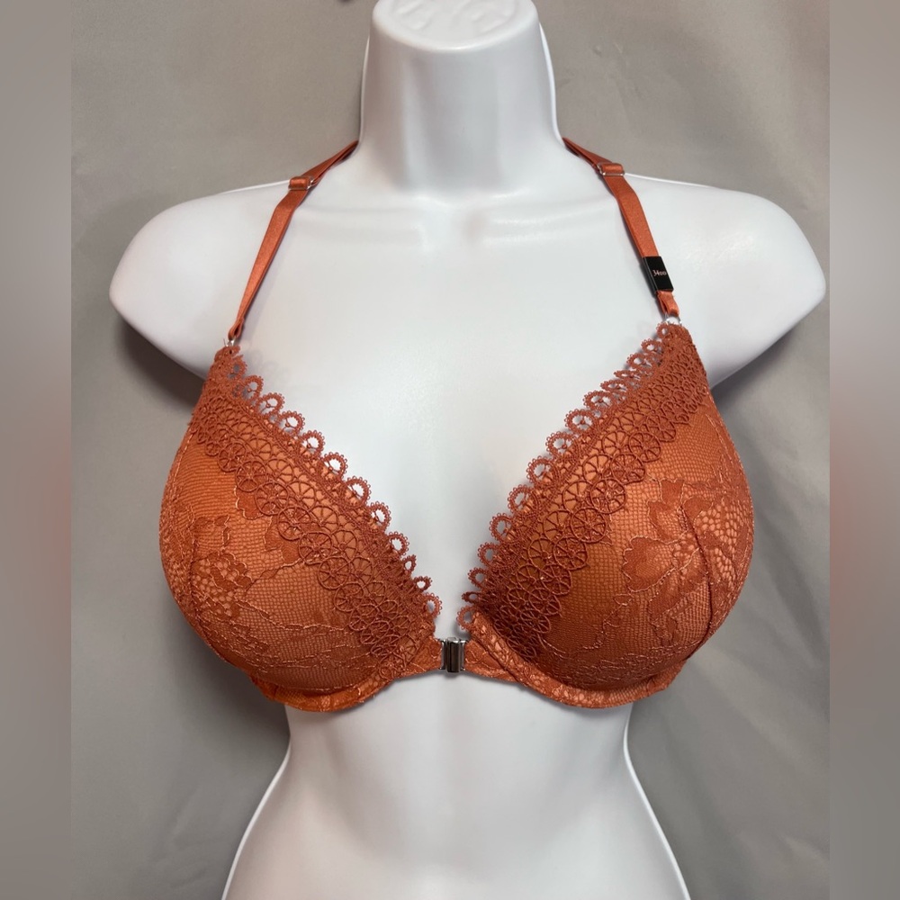 Victoria Secret 34DD DREAM ANGELS Lined Demi front Orange Clasp Close Racer NWOT